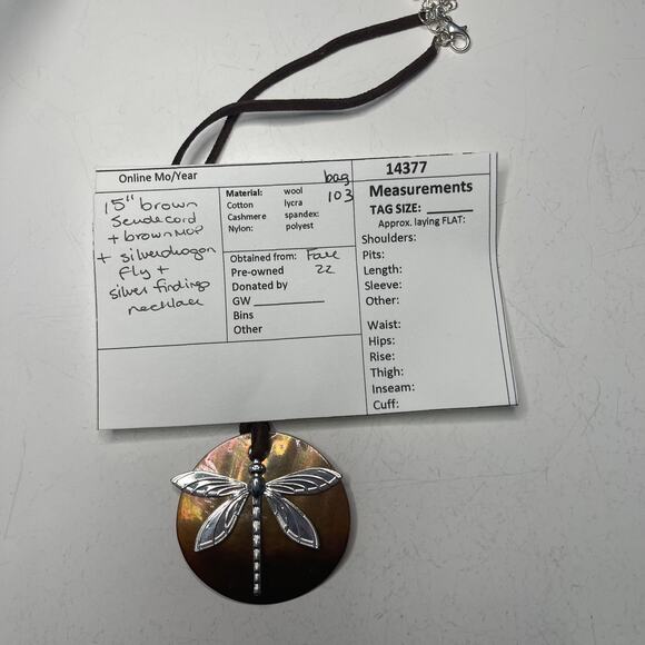 Firefly pendant necklace costume jewelry brown suede cord mop mother of pearl - Picture 12 of 12